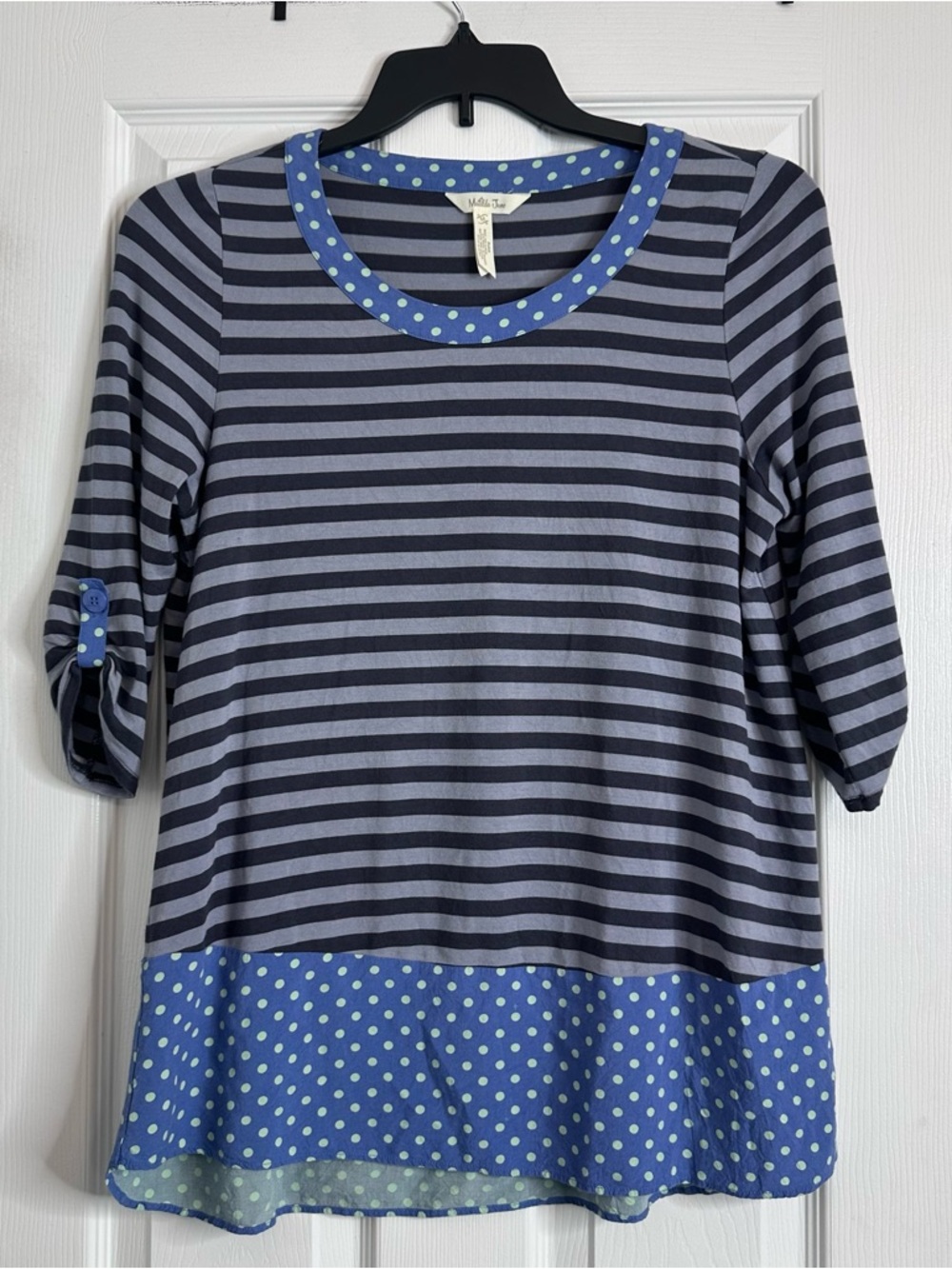Matilda Jane Polka-Trim Striped Top in Gray, Navy & Light Blue Women’s Size Med